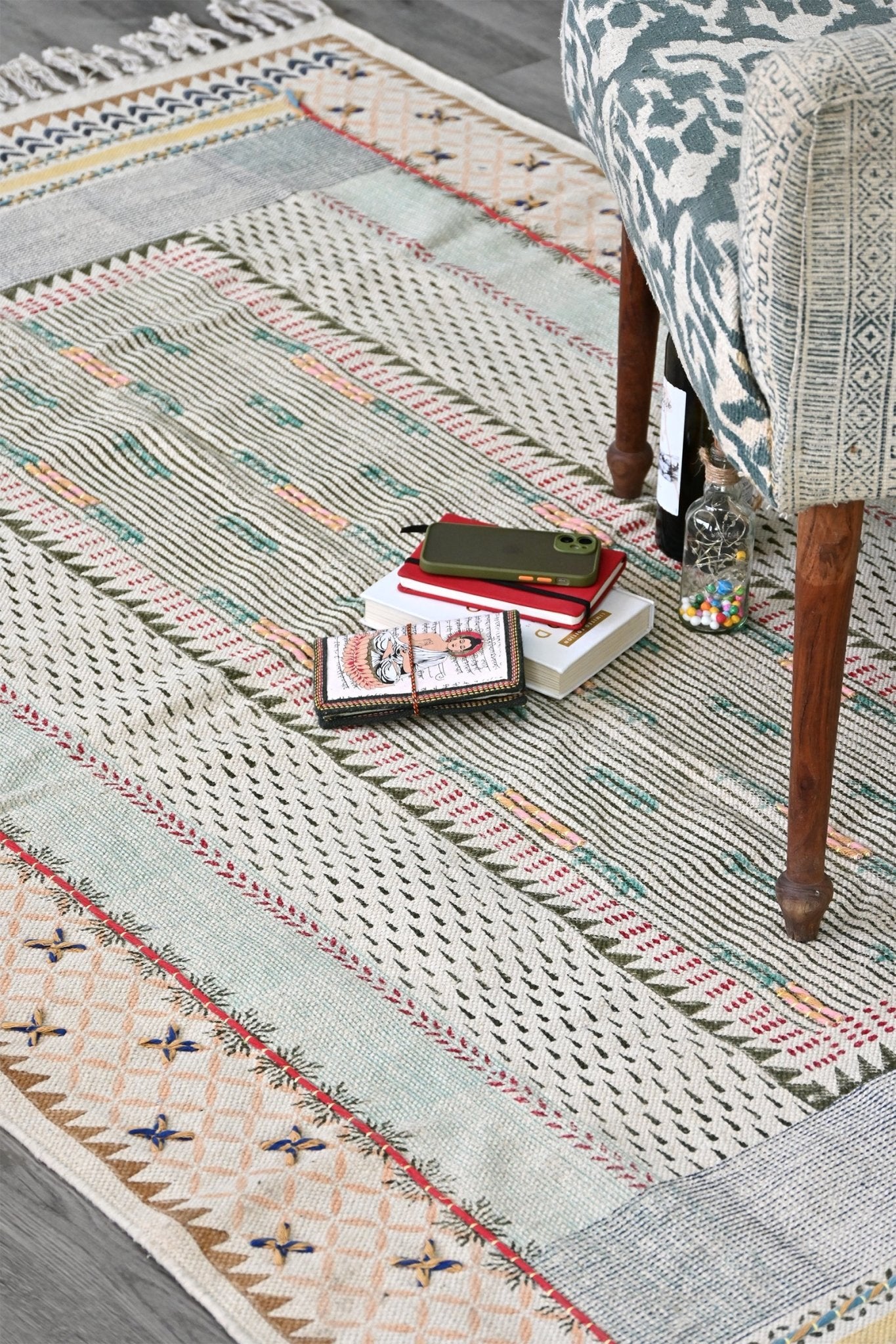 Block-printed cotton dhurrie rug in room setting — Art Avenue