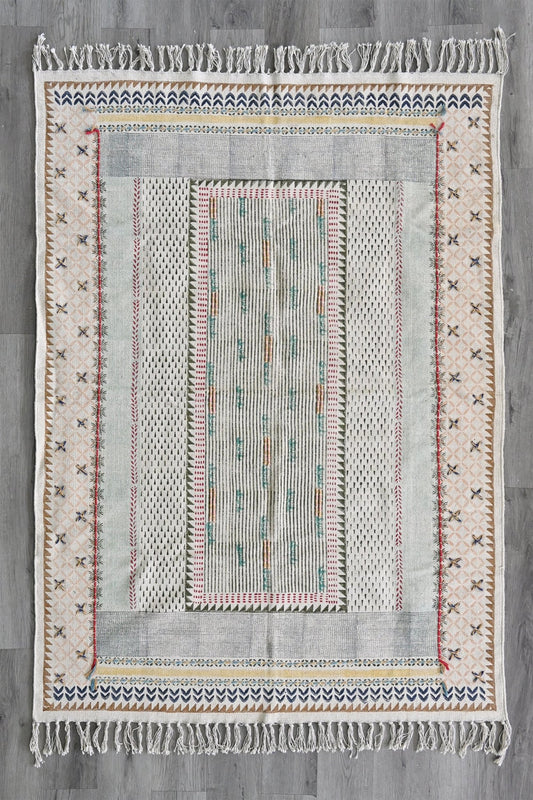 Block-Printed Cotton Dhurrie Rug in Indigo & Grey — Art Avenue
