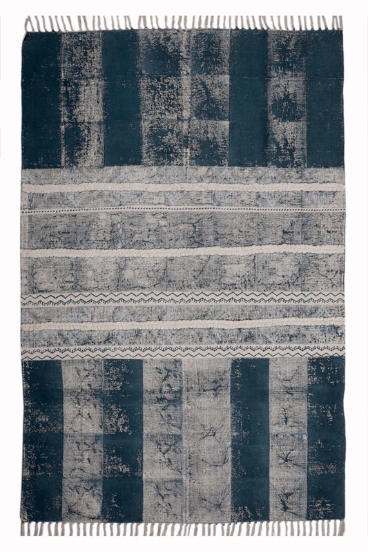 Block-Printed Cotton Dhurrie Rug in Blue Modern Pattern — Art Avenue