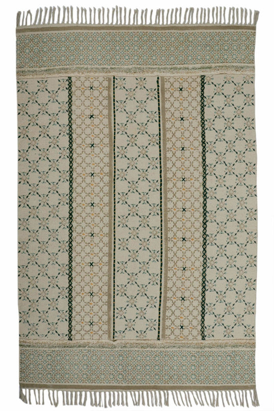 Block-Printed Cotton Dhurrie Rug in Green Floral — Art Avenue