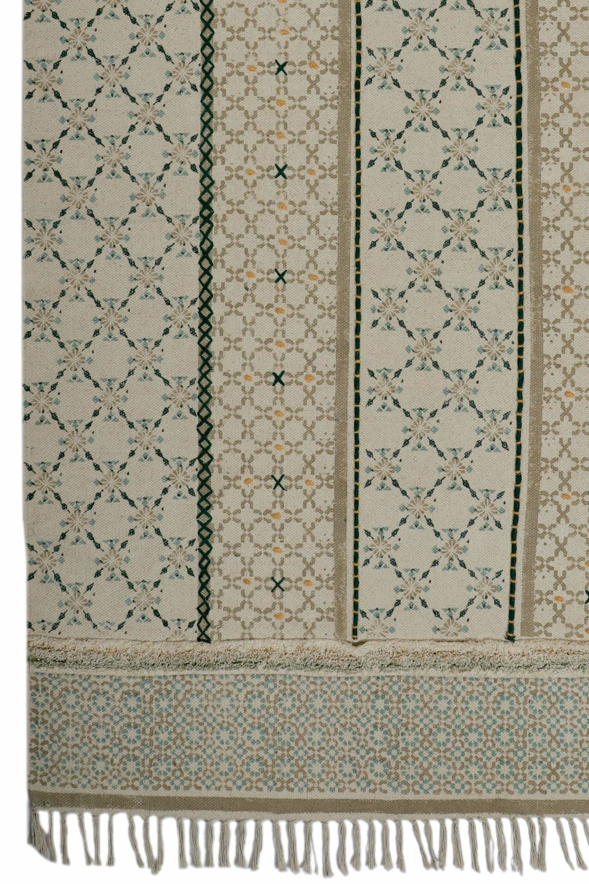 Block-printed cotton dhurrie rug in room setting — Art Avenue