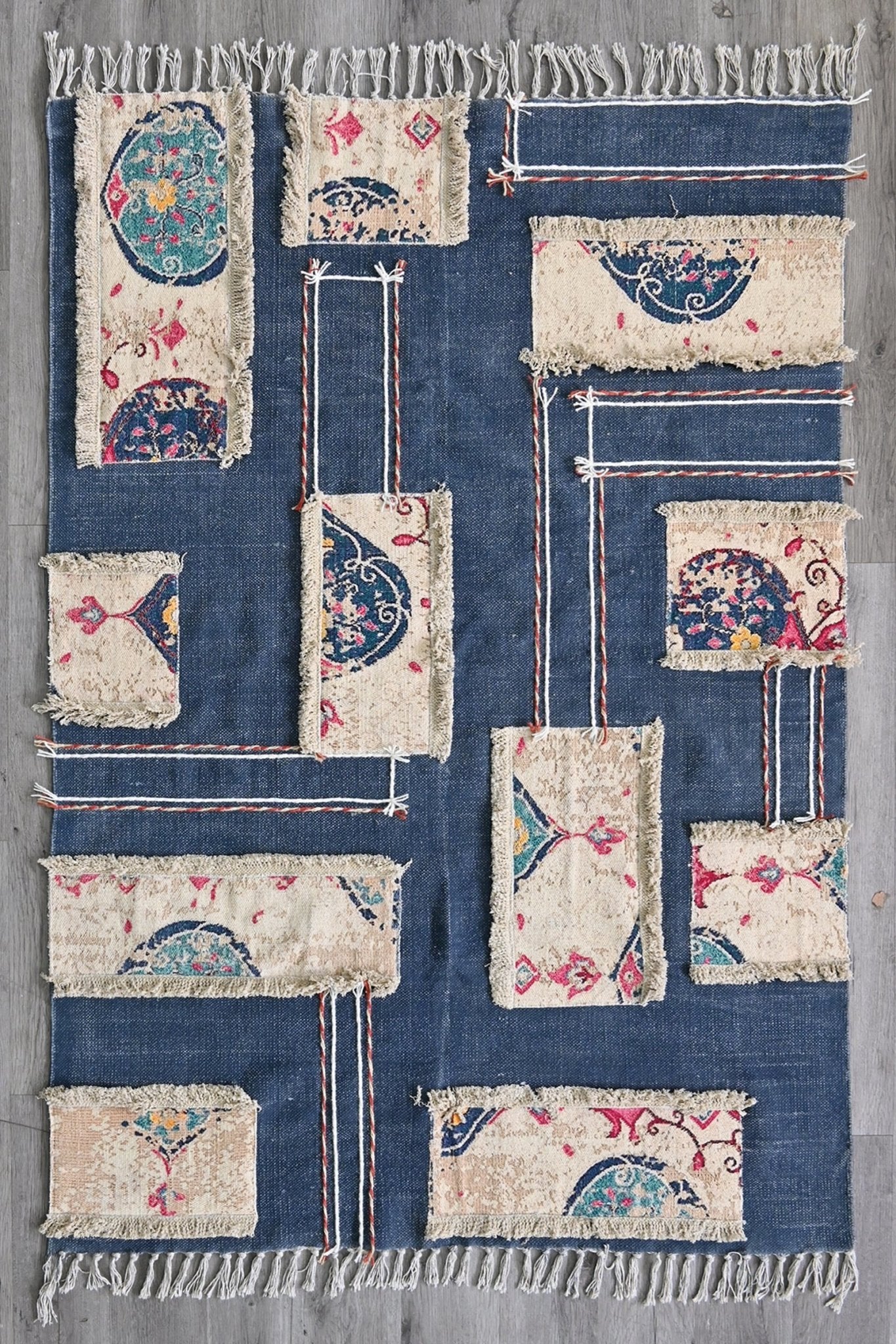 Devsara embroidery patchwork rug detail — Art Avenue Jaipur