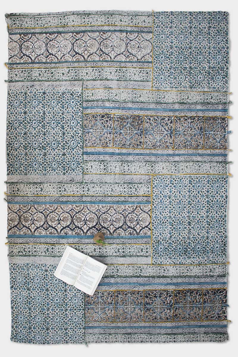 Block-printed cotton dhurrie rug in room setting — Art Avenue
