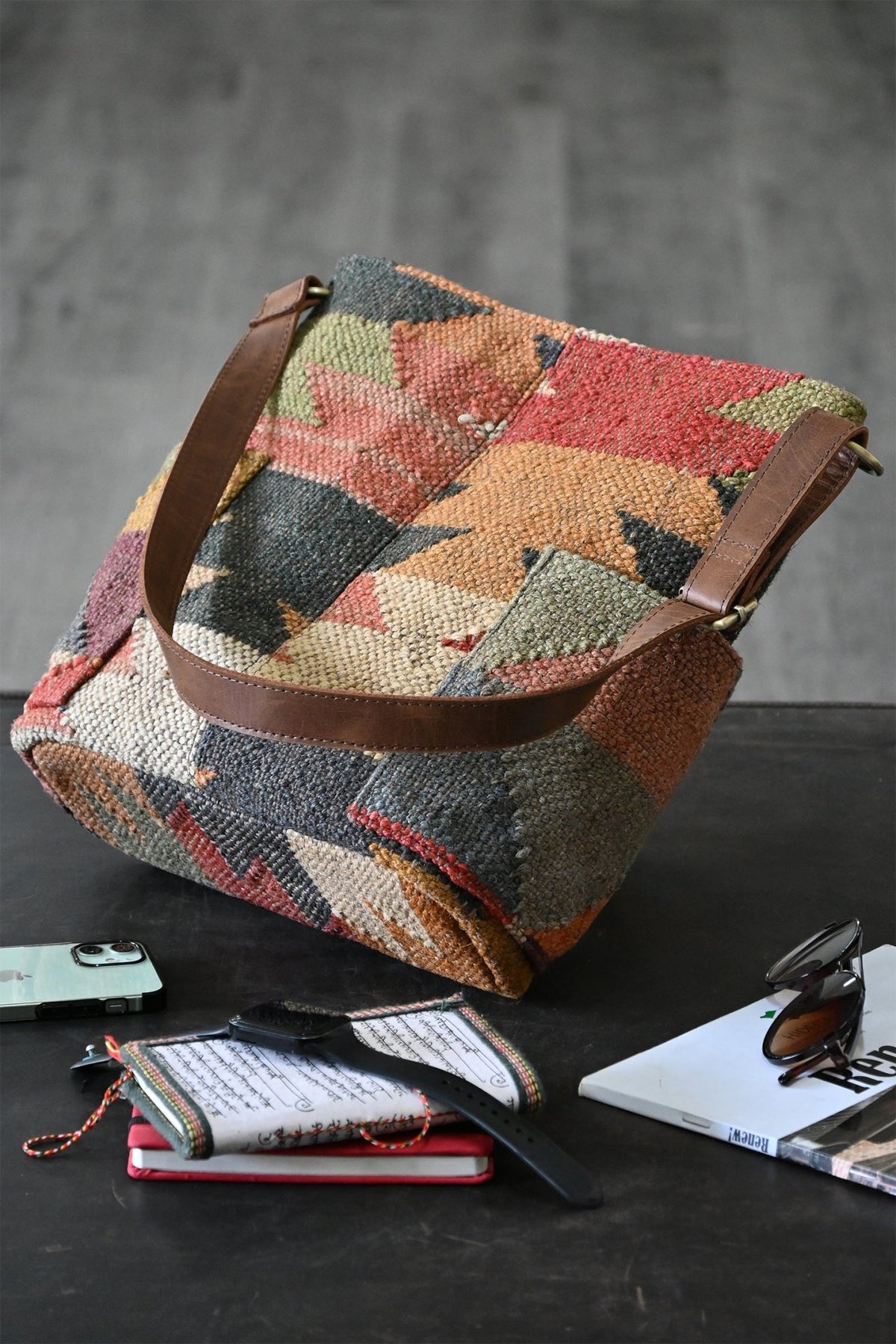 Doodle kilim and leather handbag, alternate view — Art Avenue