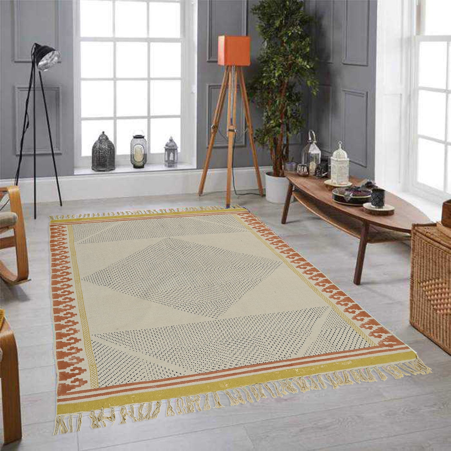 Block-printed cotton dhurrie rug in room setting — Art Avenue