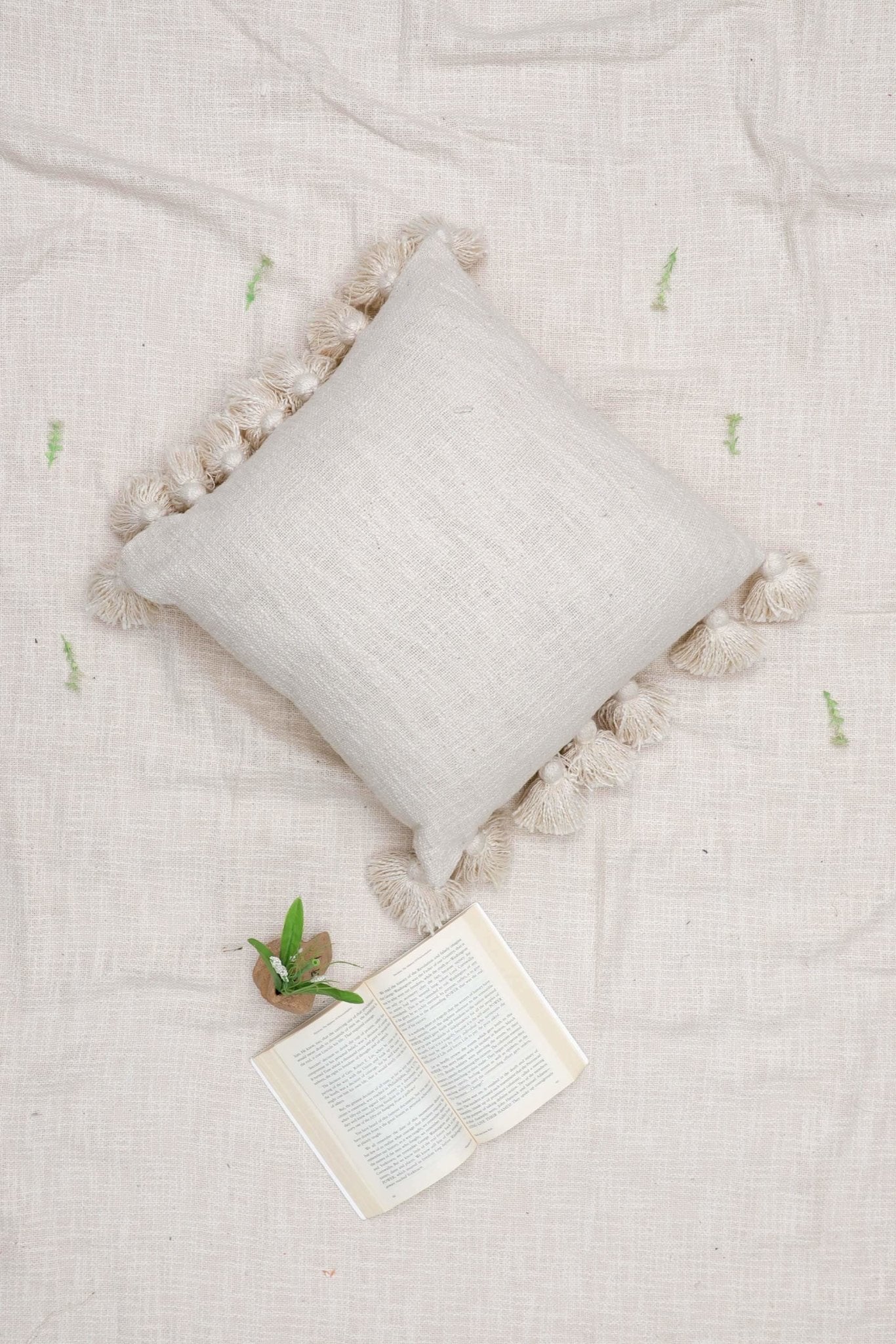 Edinburgh Hand-Embroidered Square Cushion Cover — Cream — Art Avenue