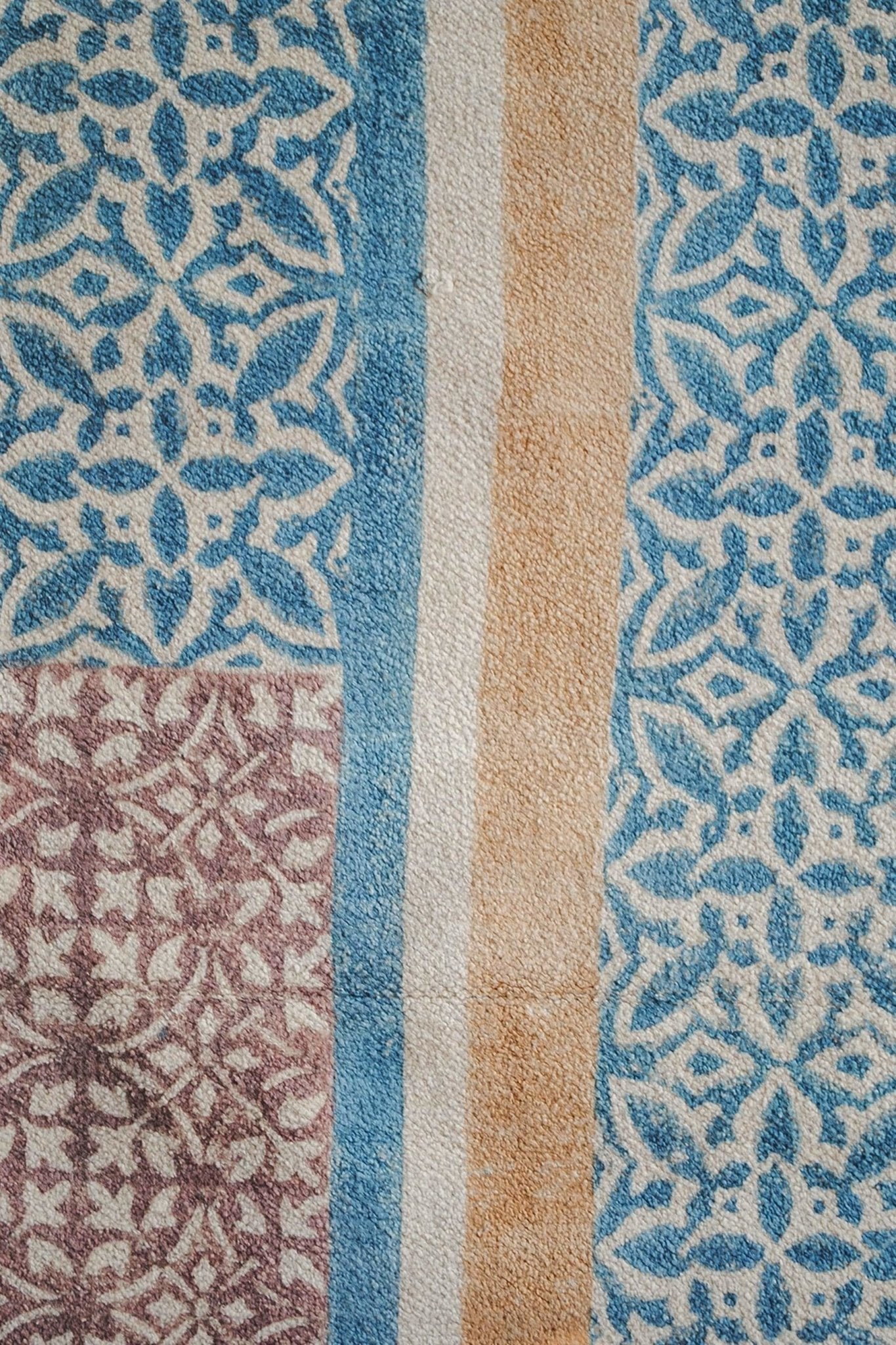 Block-printed cotton dhurrie rug in room setting — Art Avenue