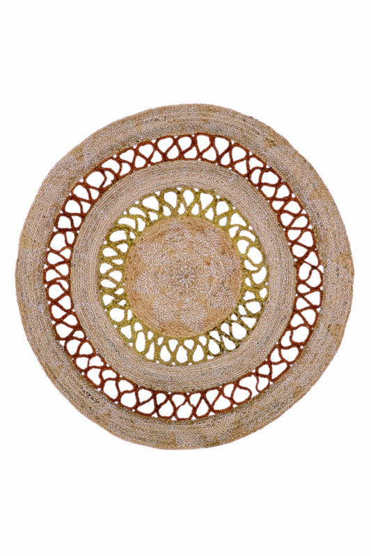 Evening round braided jute rug — natural colourway hand-braided in Jaipur