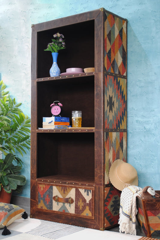 Expat kilim and leather storage shelf — handcrafted in Jaipur