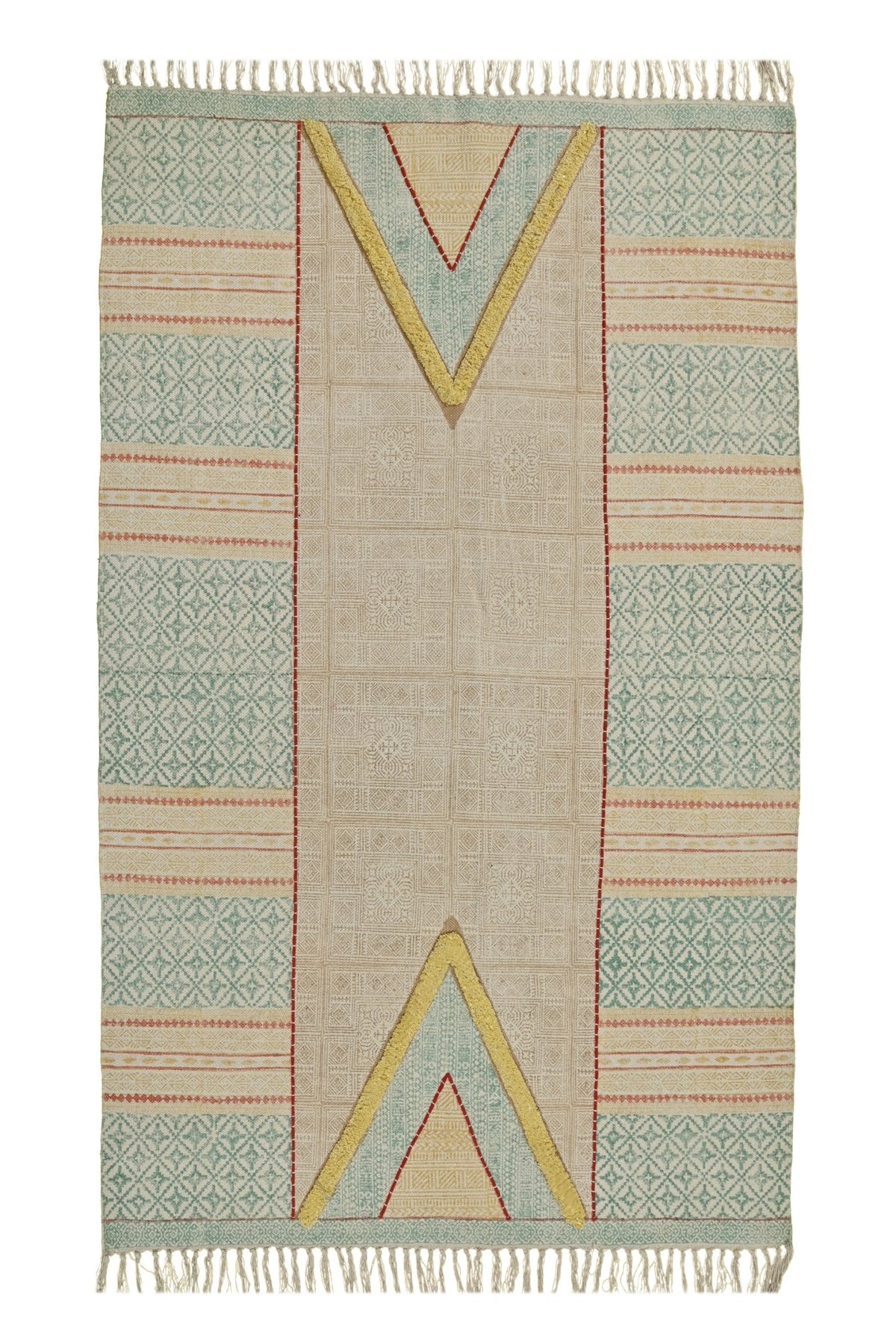 Block-Printed Cotton Dhurrie Rug in Green & Yellow Traditional — Art Avenue