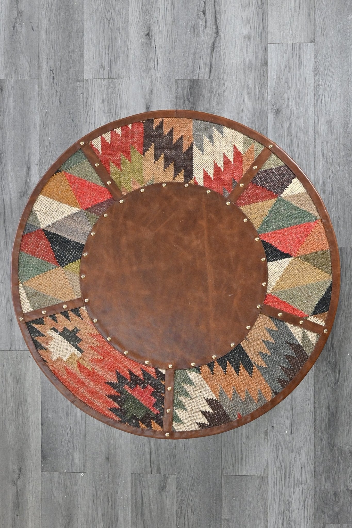 Goround kilim and leather coffee table — Art Avenue Jaipur, handcrafted