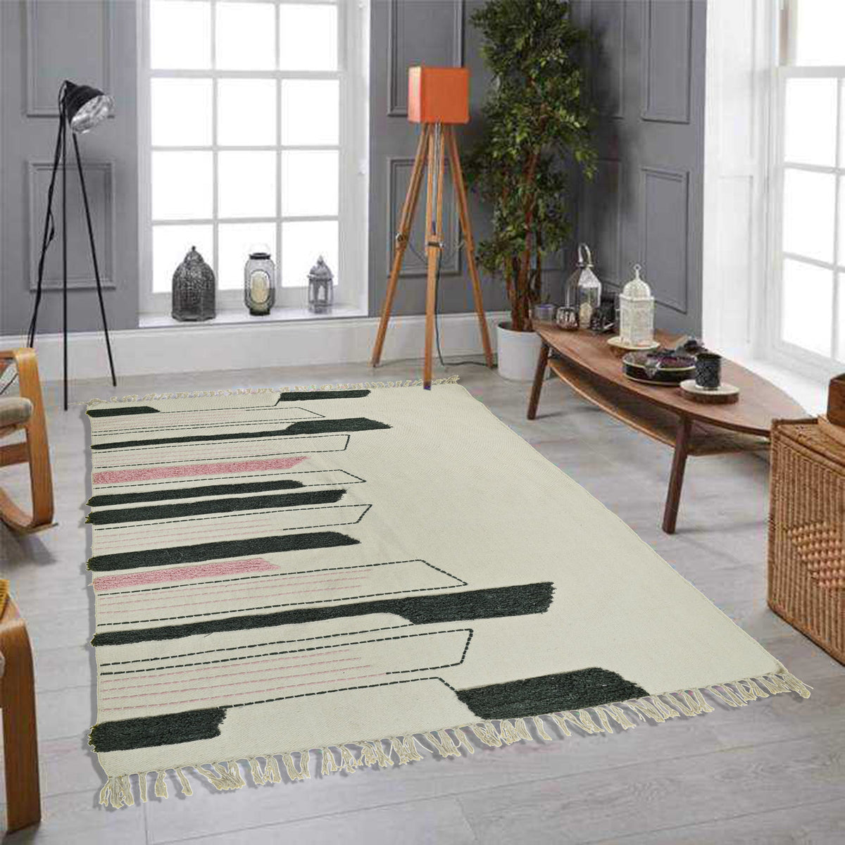 Gulmohar embroidered rug room setting — Art Avenue India