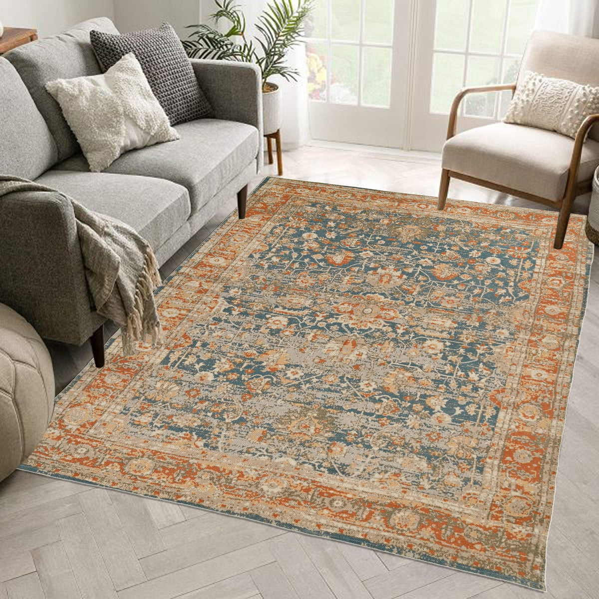 Heritage block-printed rug room setting — Art Avenue India