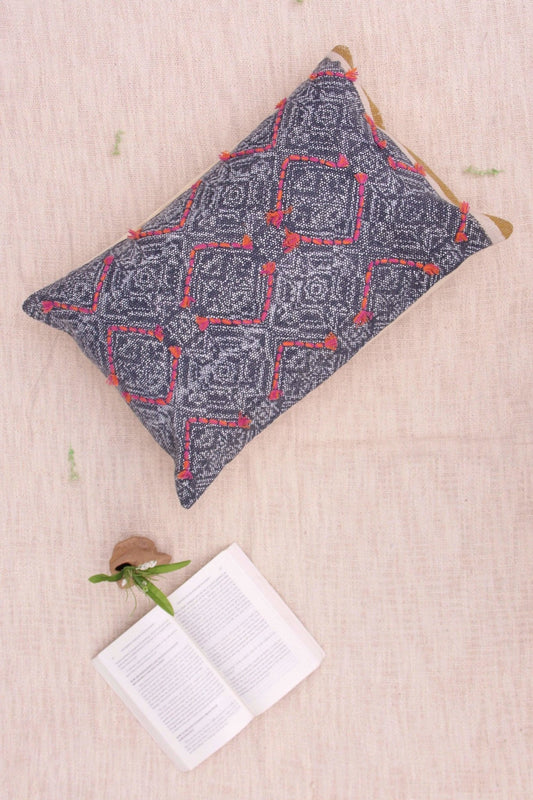 Indie Block-Printed Embroidered Lumbar Cushion Cover — Blue — Art Avenue