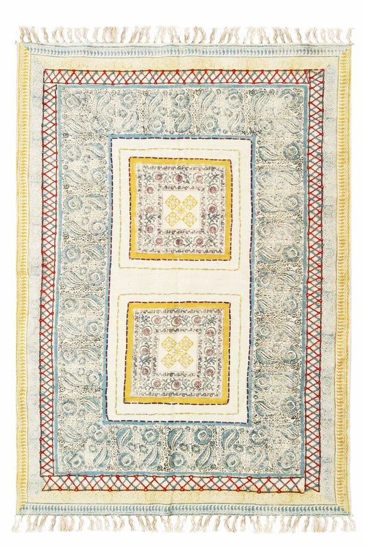 Block-Printed Cotton Dhurrie Rug in Blue & Yellow Traditional — Art Avenue