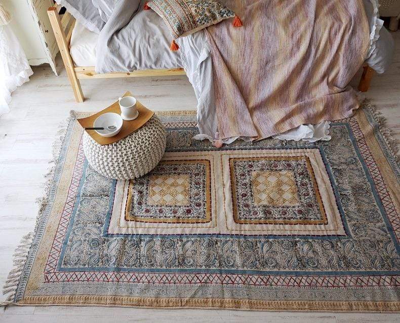Block-printed cotton dhurrie rug in room setting — Art Avenue