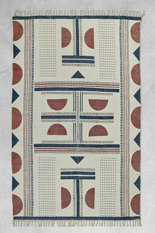 Block-Printed Cotton Dhurrie Rug in Blue & Maroon — Art Avenue