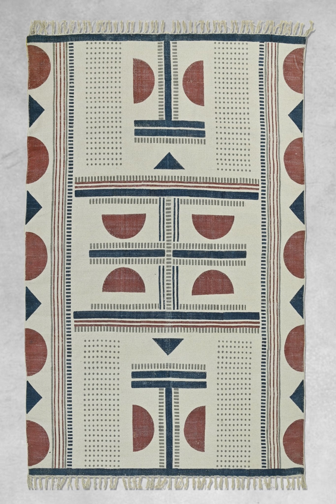 Block-Printed Cotton Dhurrie Rug in Blue & Maroon — Art Avenue