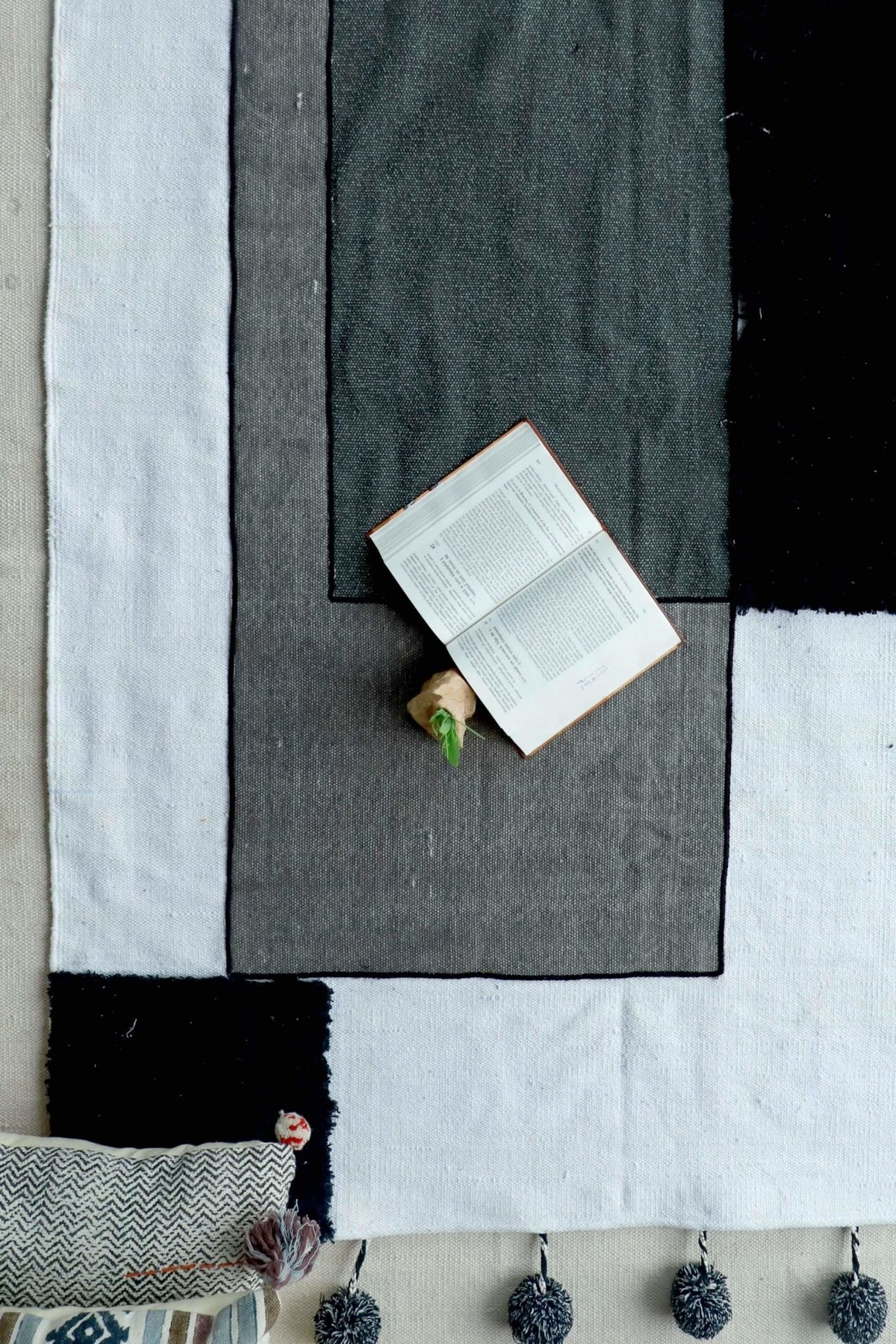 Kelki patchwork rug with pom-poms — handmade in Jaipur