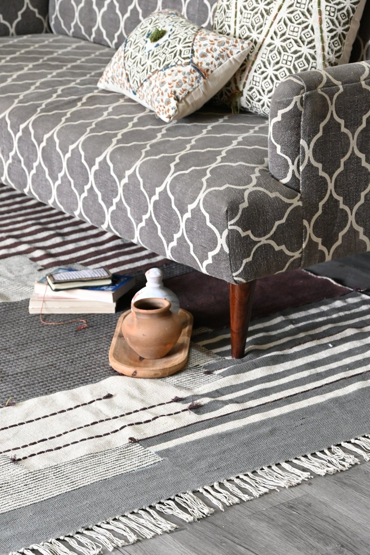 Kherwa Block-Printed Cotton Dhurrie Rug in Brown — Art Avenue