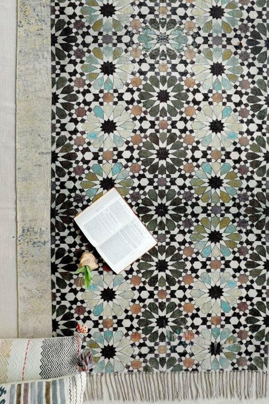 Kolvi block-printed rug — green handmade in Jaipur