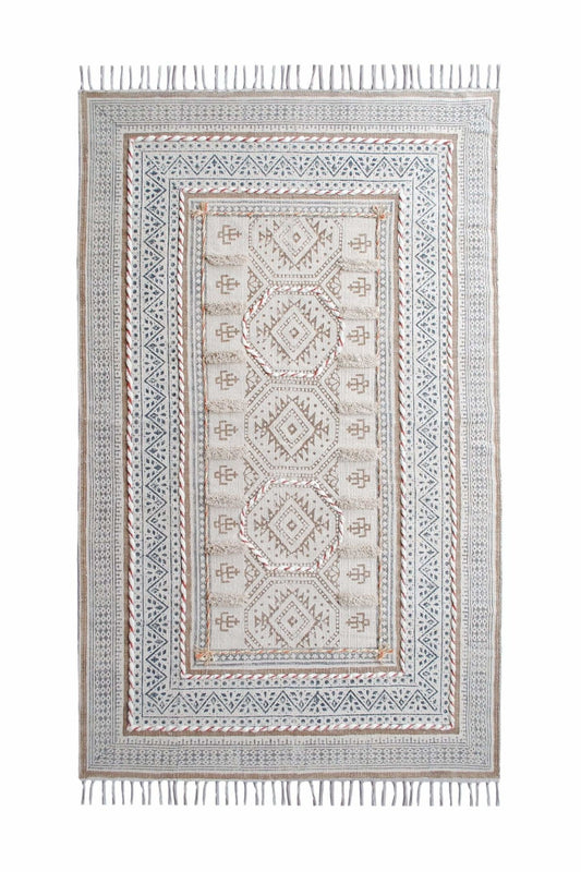 Block-Printed Cotton Dhurrie Rug in Off White Traditional — Art Avenue