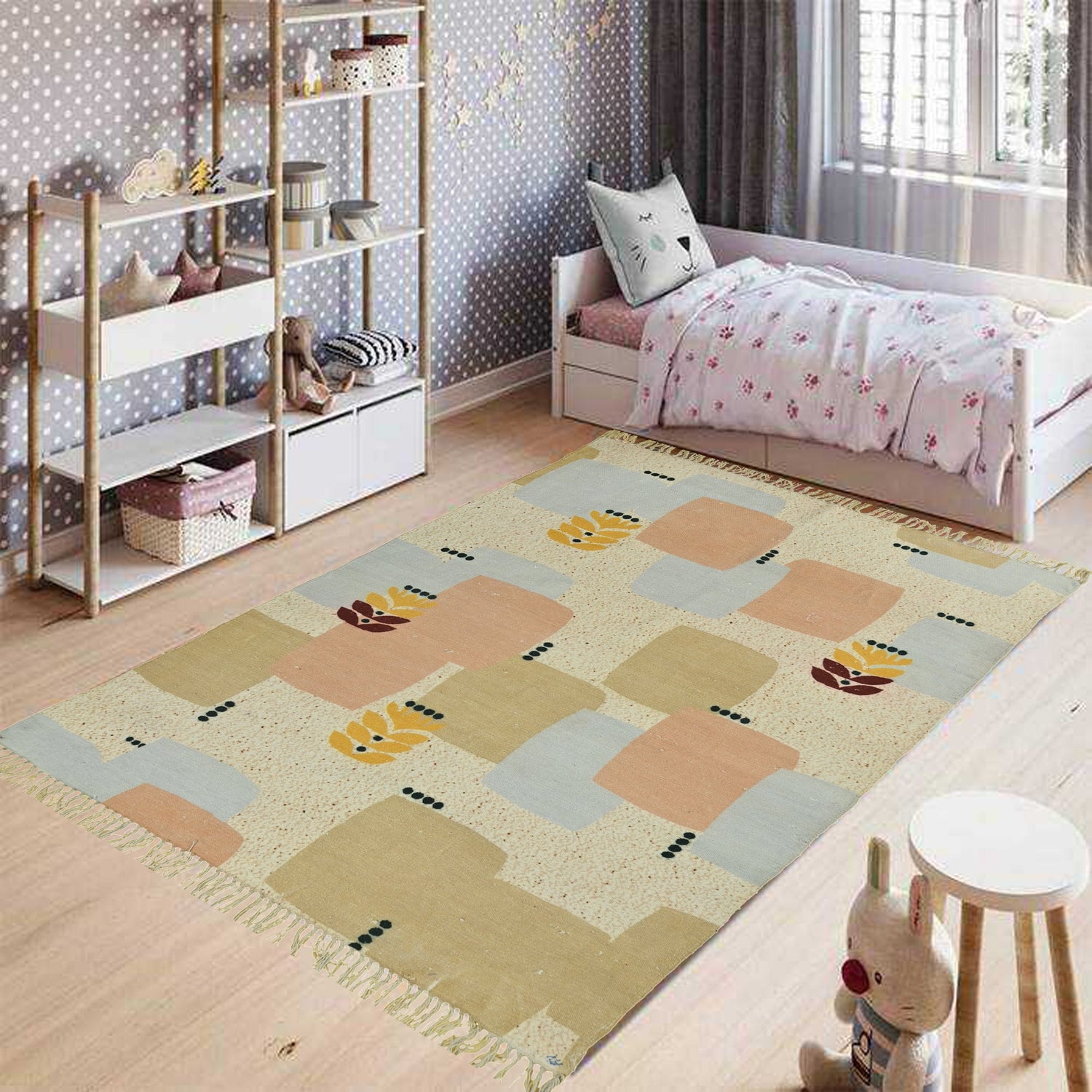 Modak block-printed rug in peach — multiple sizes, Art Avenue India