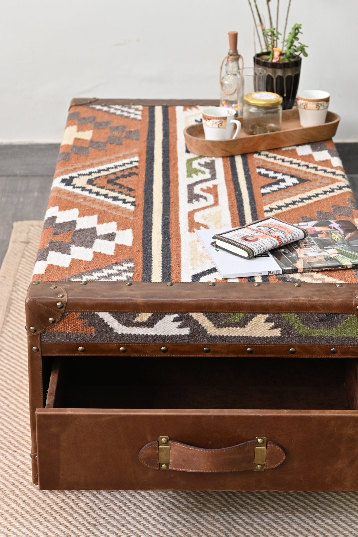 Moonshine kilim coffee table with two drawers — Art Avenue