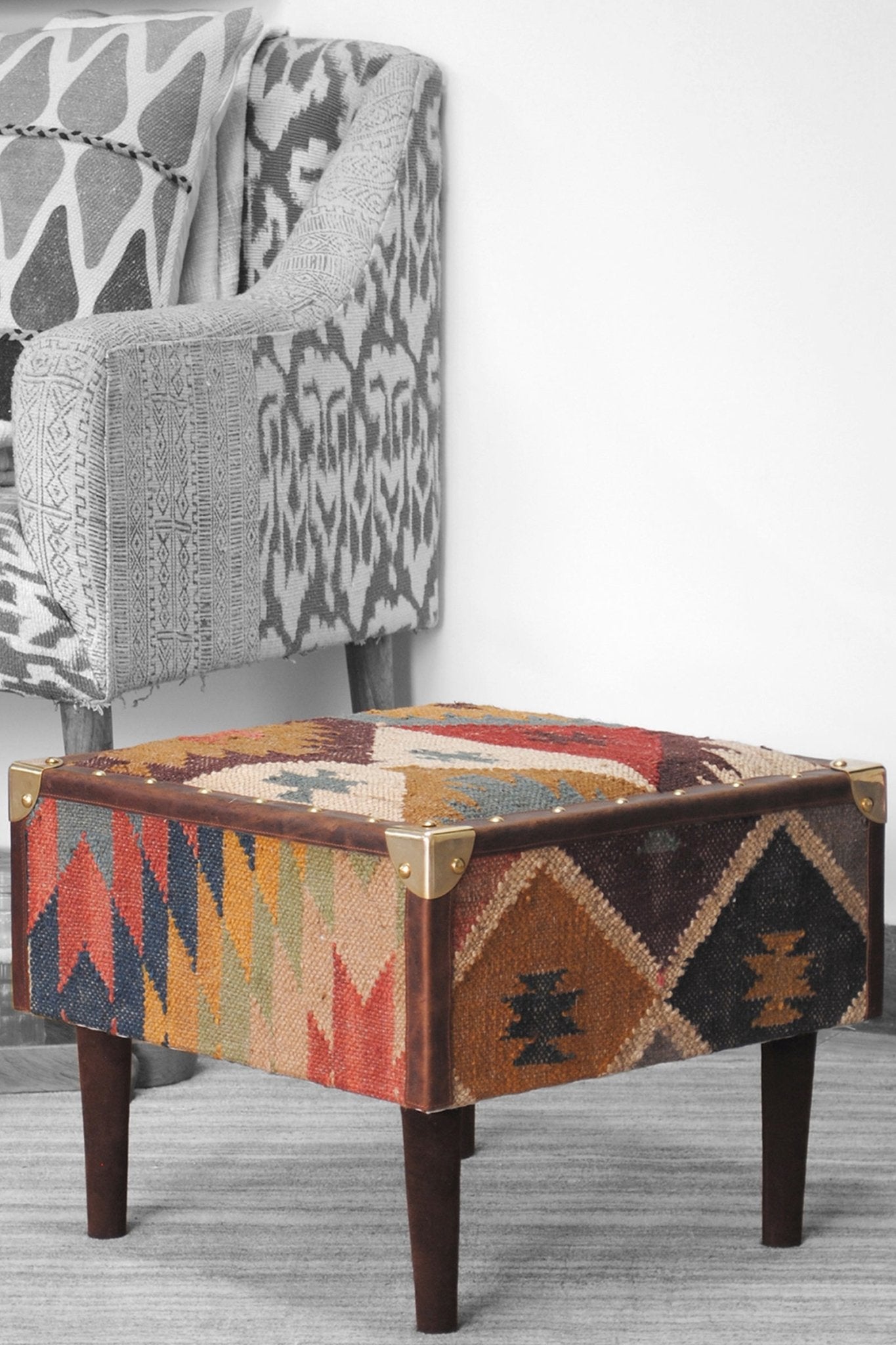 Kilim & Leather Ottoman in Brown — Art Avenue