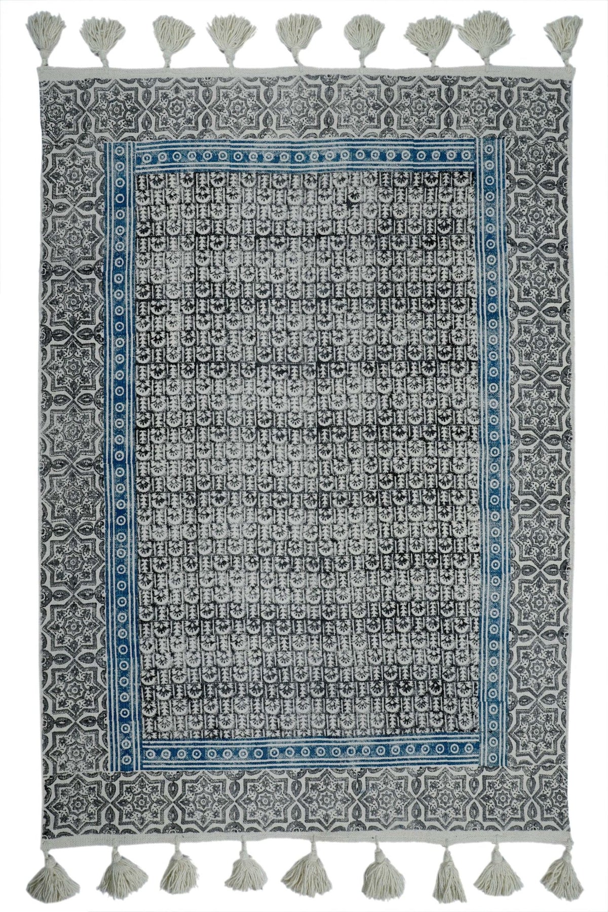 Block-Printed Cotton Dhurrie Rug in Black Traditional — Art Avenue