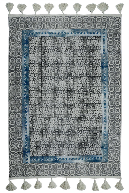 Block-Printed Cotton Dhurrie Rug in Black Traditional — Art Avenue