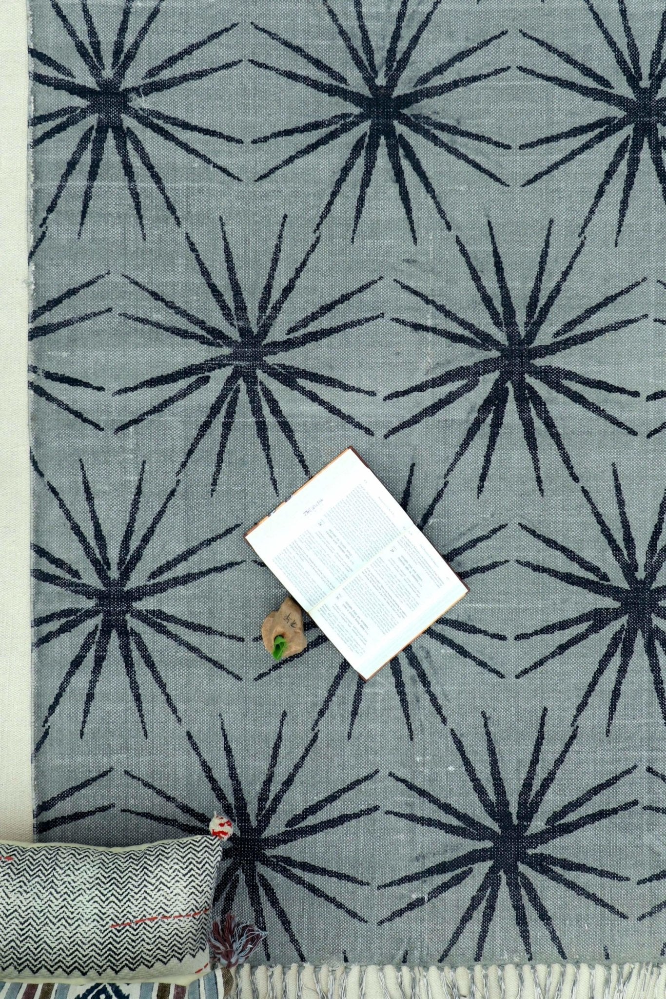 Nowar block-printed rug — grey handmade in Jaipur