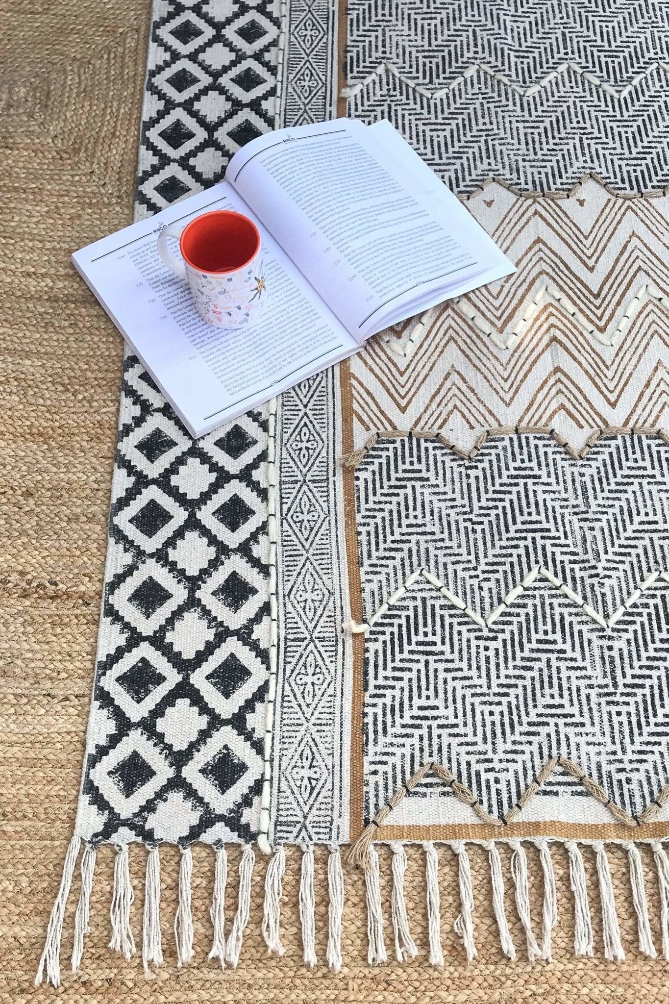 Detail of block-print on mustard dhurrie rug — Art Avenue