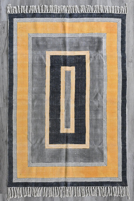 Block-Printed Cotton Dhurrie Rug in Grey & Yellow Modern — Art Avenue