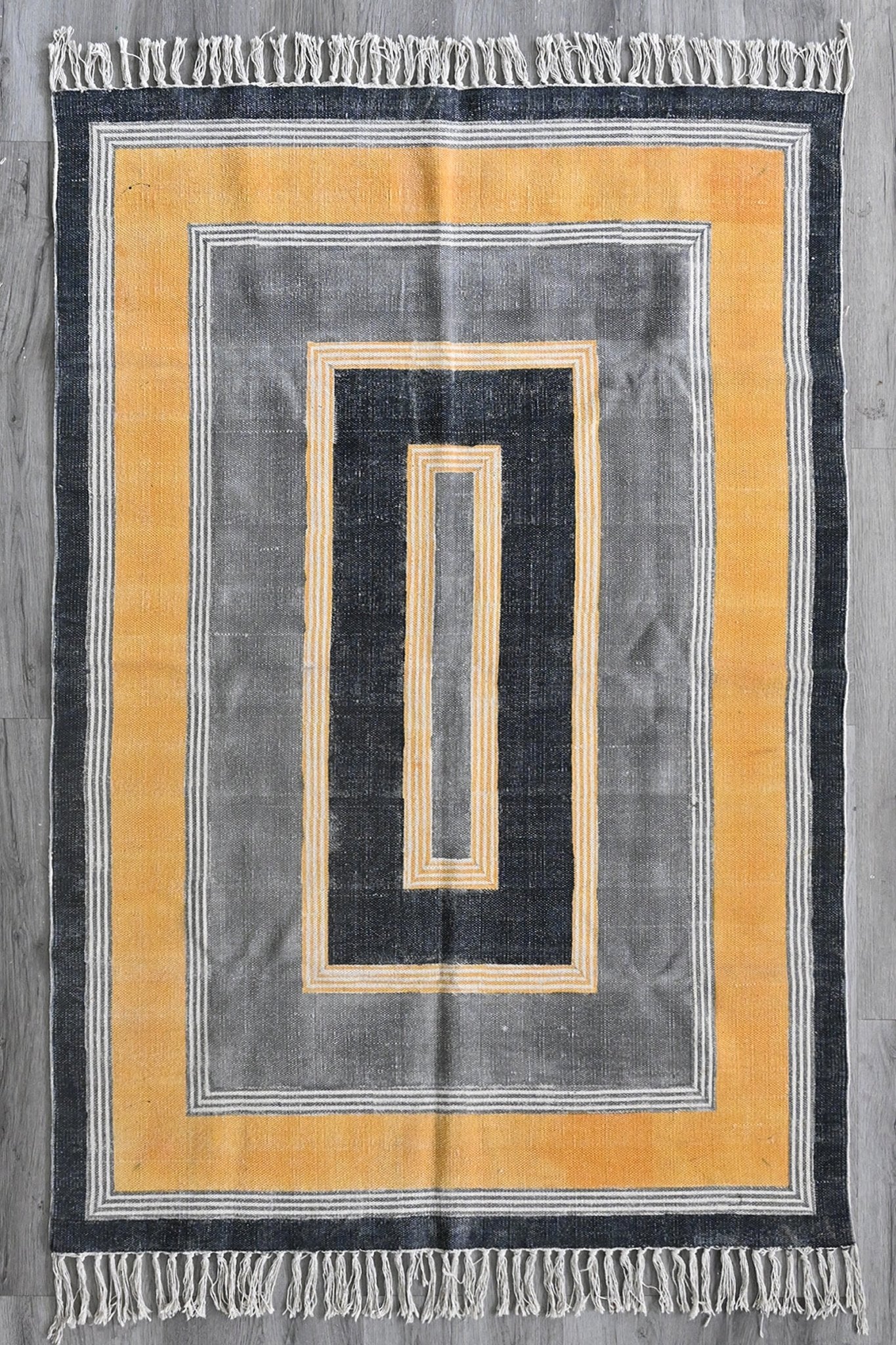 Block-Printed Cotton Dhurrie Rug in Grey & Yellow Modern — Art Avenue