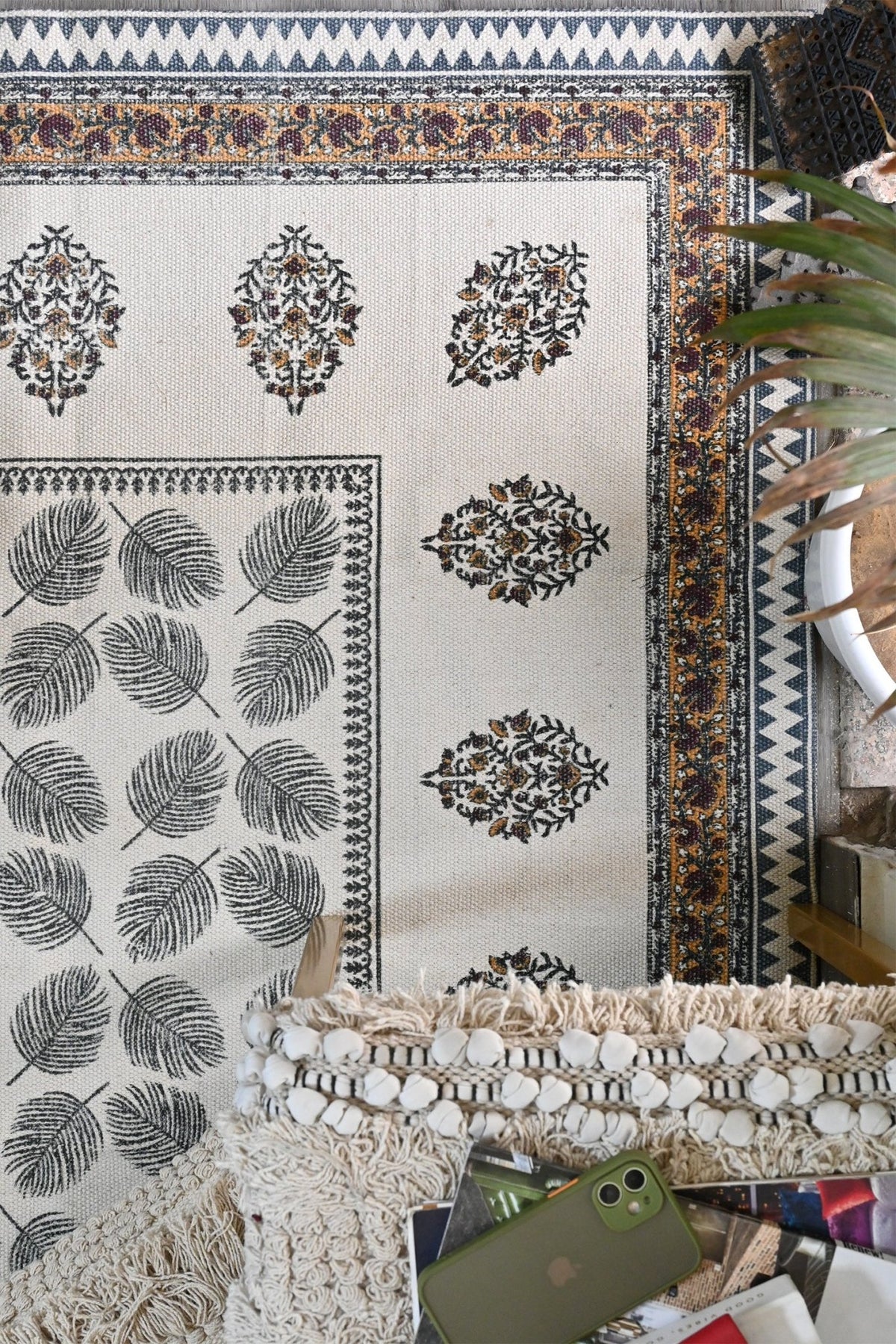 Peruvian Block-Printed Cotton Dhurrie Rug — overhead view — Art Avenue