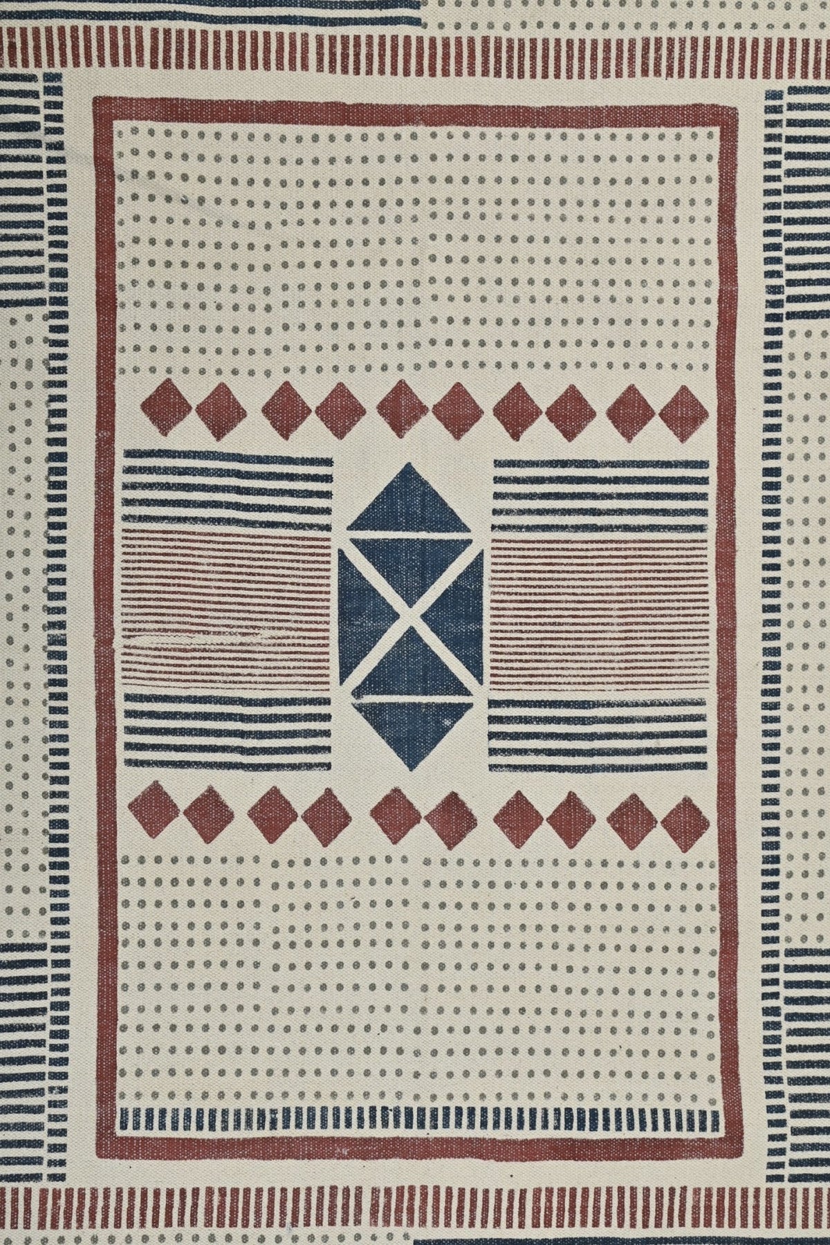 Peter Block-Printed Cotton Dhurrie Rug in Blue & Red — Art Avenue