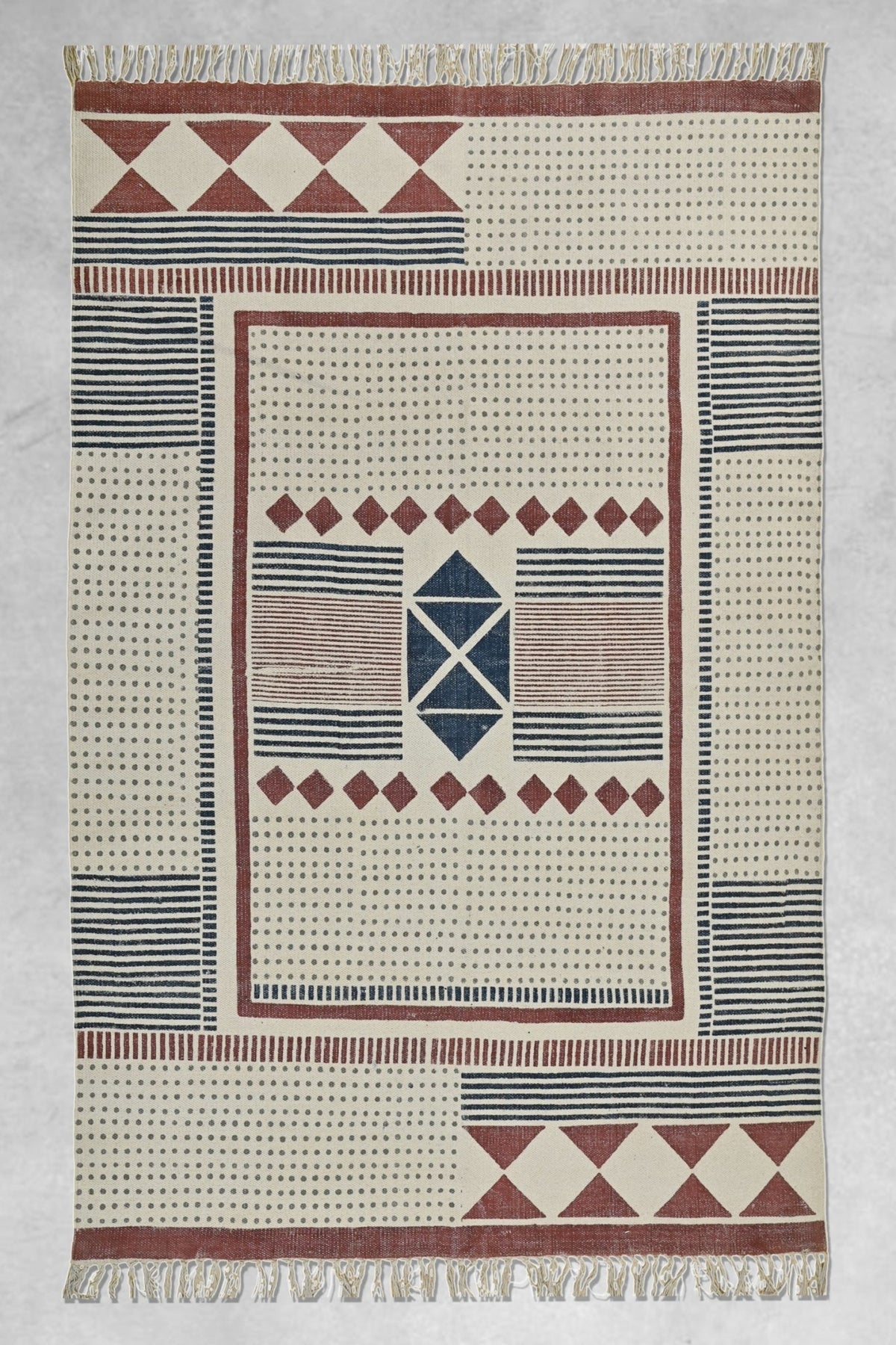 Block-Printed Cotton Dhurrie Rug in Blue & Red — Art Avenue