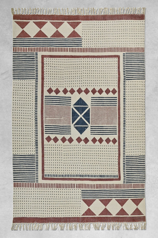 Block-Printed Cotton Dhurrie Rug in Blue & Red — Art Avenue