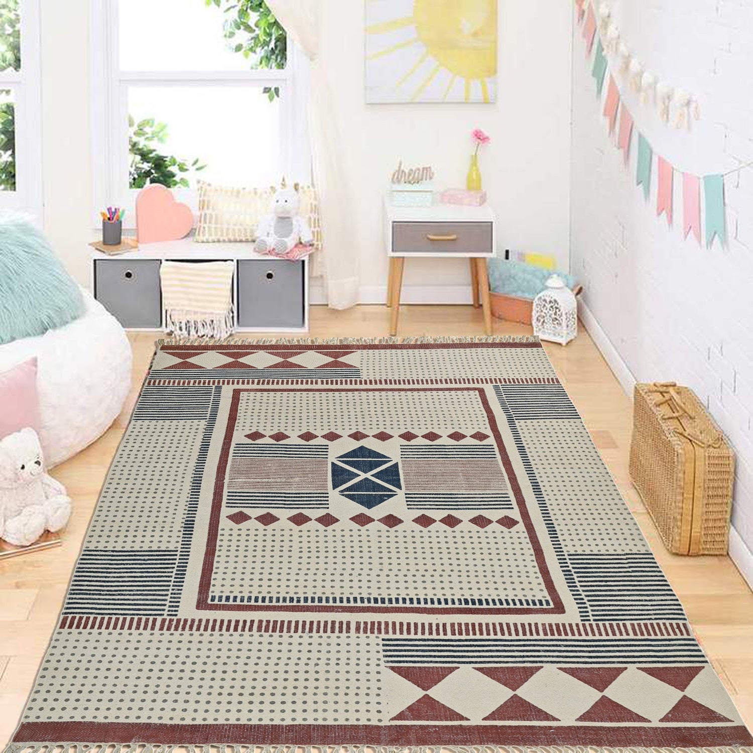 Block-printed cotton dhurrie rug in room setting — Art Avenue