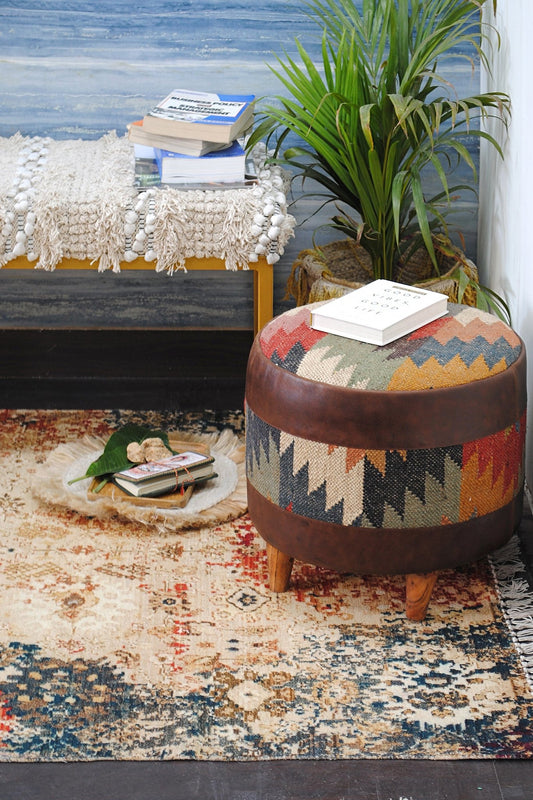 Puerto kilim and leather ottoman — handcrafted in Jaipur