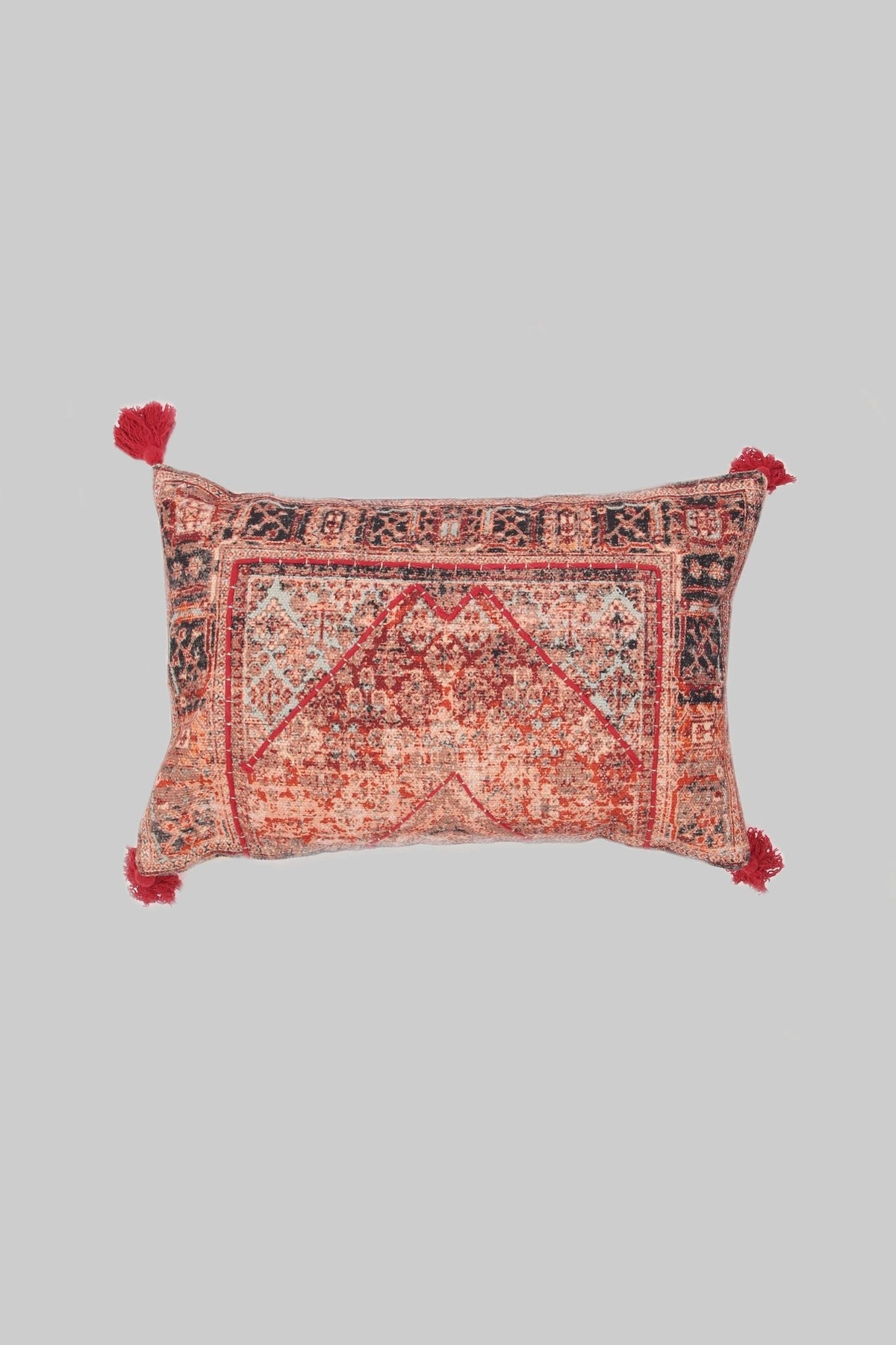 Detail of printed embroidery on red lumbar cushion cover — Art Avenue
