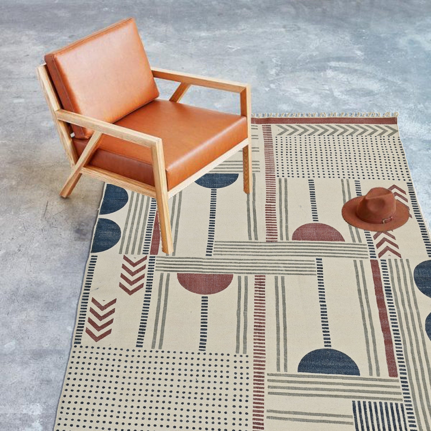 Block-printed cotton dhurrie rug in room setting — Art Avenue