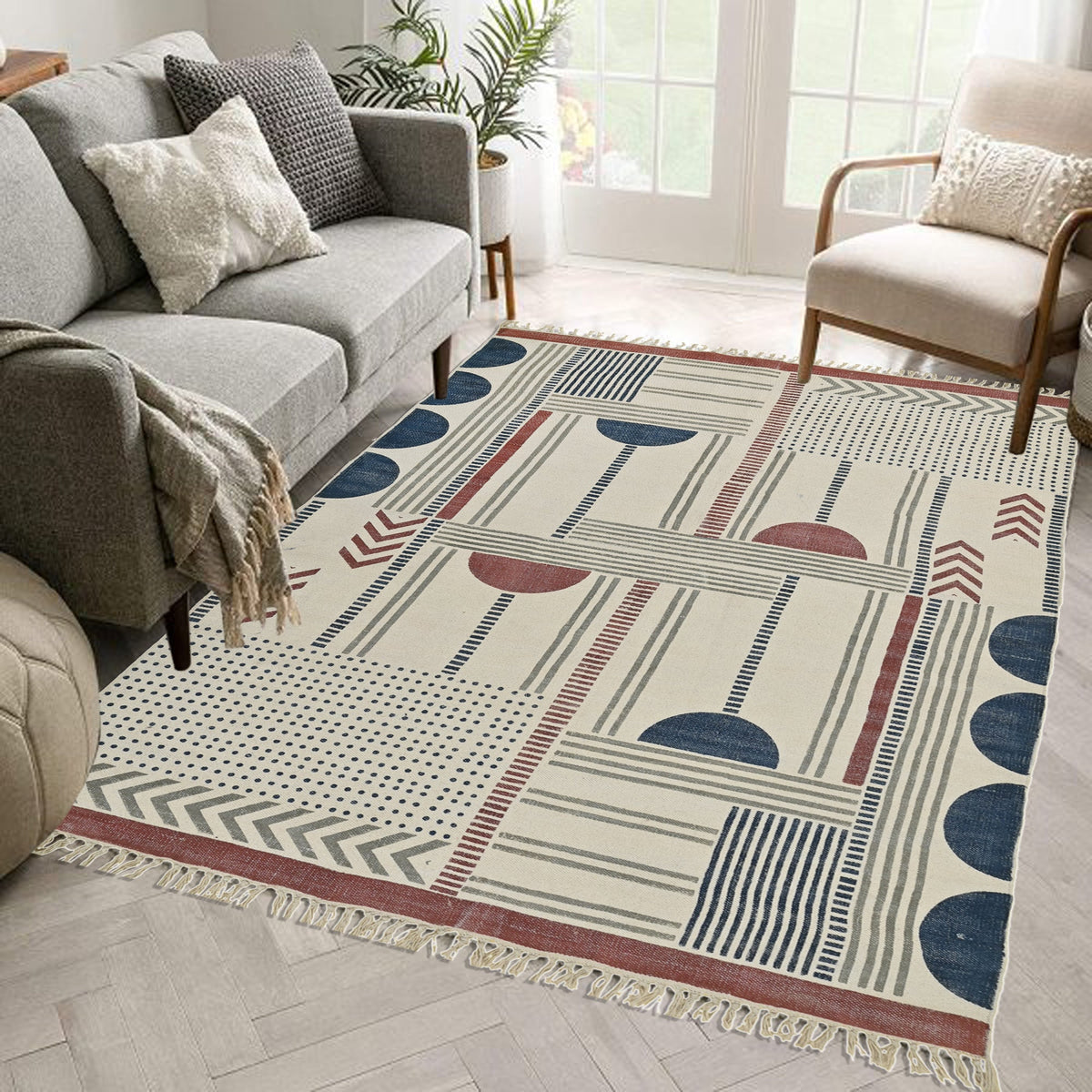 Detail of block-print on blue and maroon dhurrie rug — Art Avenue