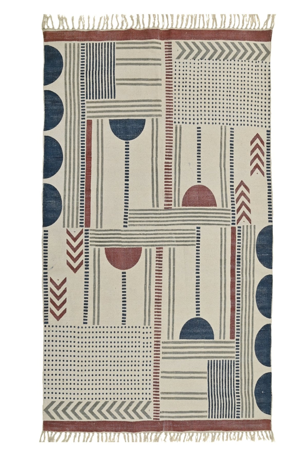 Block-Printed Cotton Dhurrie Rug in Blue & Maroon — Art Avenue