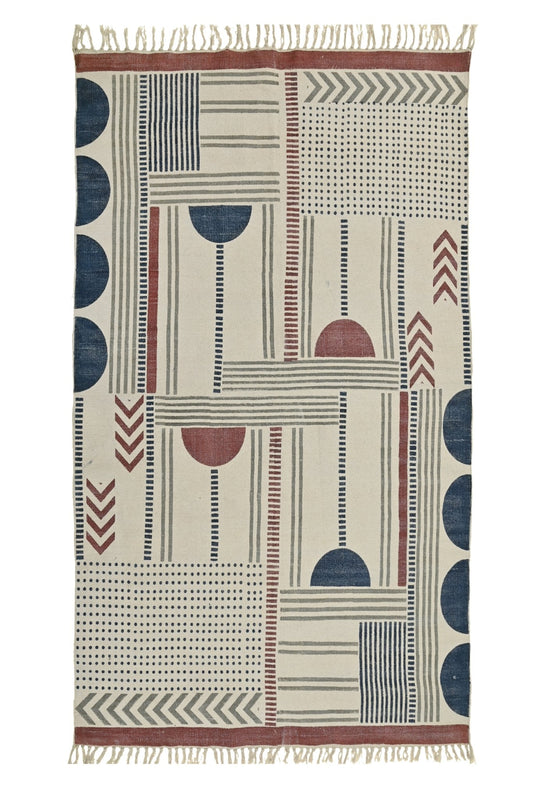 Block-Printed Cotton Dhurrie Rug in Blue & Maroon — Art Avenue