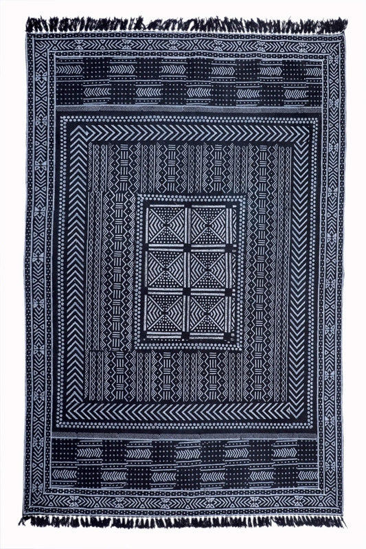 Block-Printed Cotton Dhurrie Rug in Black — Art Avenue