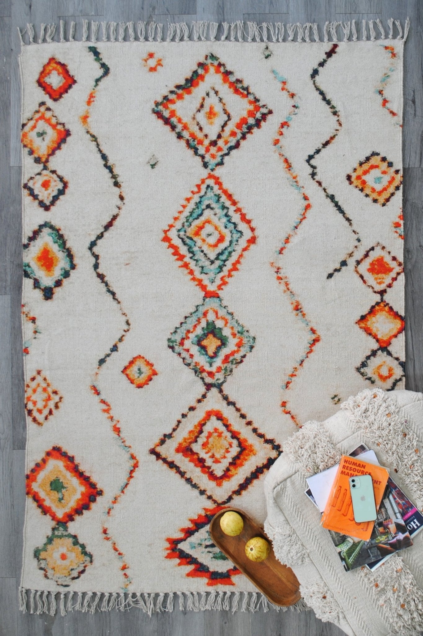 Quercus block-printed rug room setting — Art Avenue India