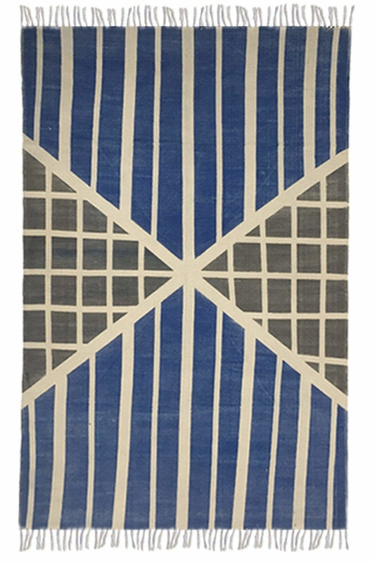 Block-Printed Cotton Dhurrie Rug in Blue Modern — Art Avenue