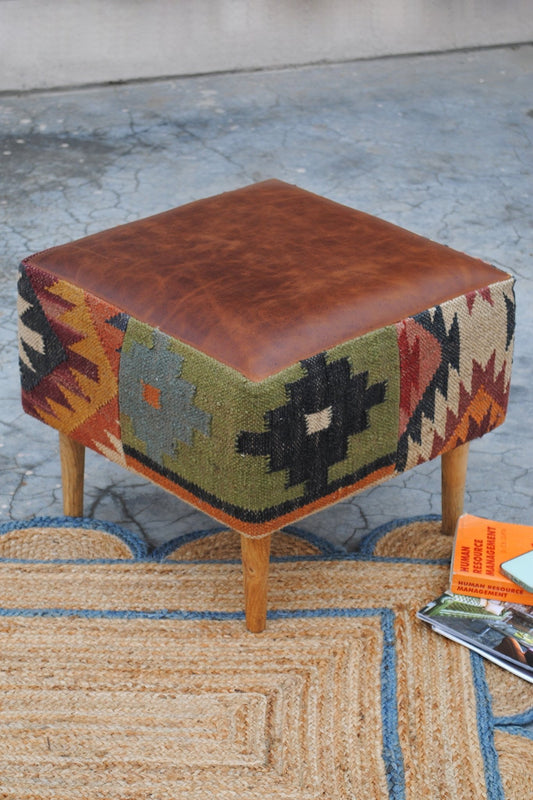 Revere kilim and leather ottoman — Art Avenue